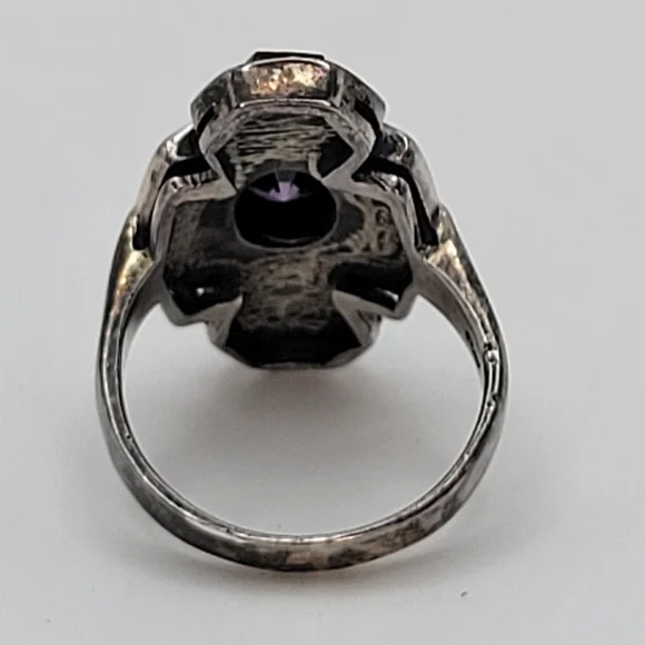 Sterling Silver Purple Glass Center Onyx Art Deco Style Ring Size 5 1/4 - Picture 4 of 13